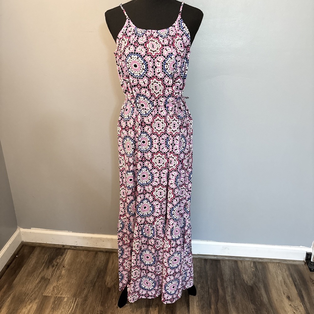 Loft Geo Multicolored Strappy Flounce Maxi Dress Linen Blend Travel Resort Sz S
